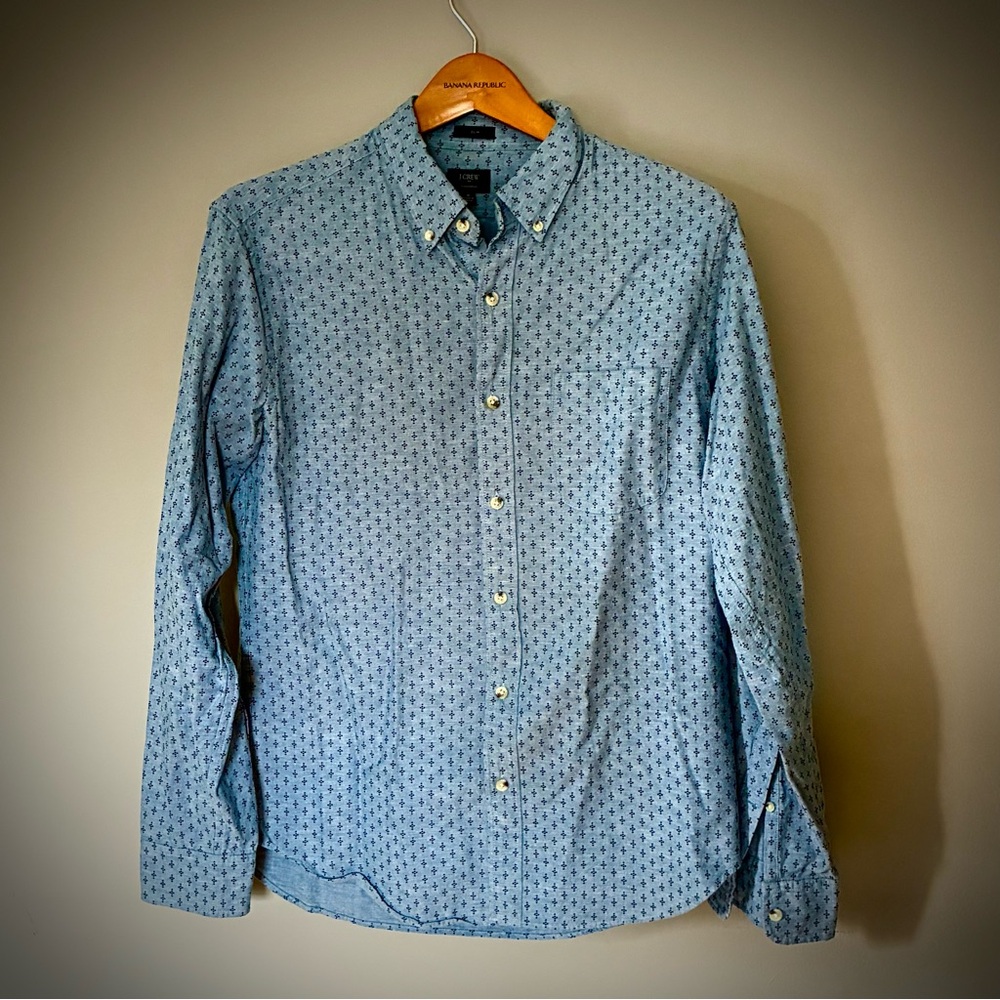 J. Crew Light Blue Patterned Chambray Button Down… - image 1